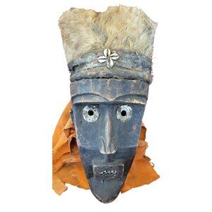 rare Dan African Tribal Wooden Mask Metalwork Fur & Shell Accents Metal teeth